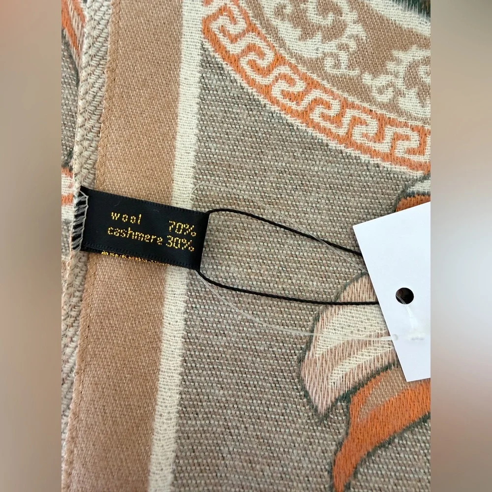Cashmere Wool Scarf Shawl Large 74.8x27.6 in Beige Brown Pattern New - Picture 2 of 4